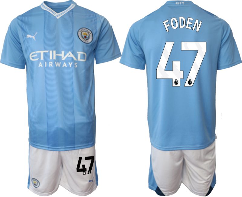 Men 2023-2024 Club Manchester City home Light blue 47 Soccer Jersey